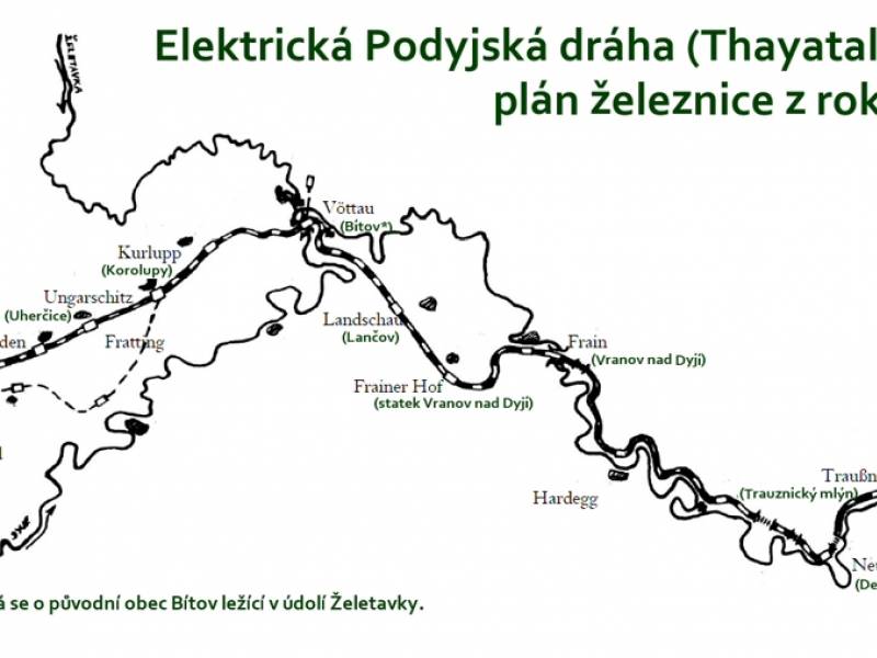 Elektrická Podyjská dráha (Thayatal-Bahn) - plán trasy železnice