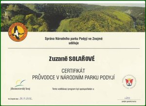 certifikát průvodkyně NP POdyjí - paní Zuzany Solařové